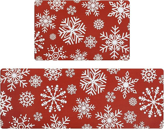 SHACOS Christmas Kitchen Rugs Set of 2 Anti-Fatigue Kitchen Mats Cushioned Red Christmas Kitchen Rugs White Snow Farmhouse Kitchen Mats and Rugs for Xmas 17x27.5+17x47, Snowflakes