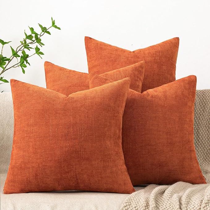 Set of 4 Soft Textured Decorative Throw Pillow Covers 22x22 Inch Cozy Farmhouse Cushion Cover Square Accent Pillow Cases for Bed Couch Sofa Living Room, Burnt Orange
