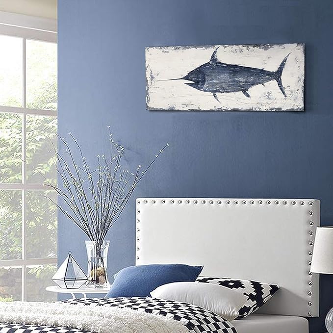 NdcSkyArt Vintage Style Swordfish Wall Art, Nautical Decor for Home & Office, Blue and White Coastal Painting