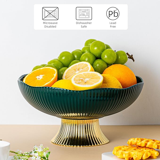 Ceramic Fruit Bowl,10” Pedestal Bowl, Decorated Fruit Tray for Kitchen Counter and Dining Table, Footed Bowls for Afternoon Tea Parties, Bread and Salad Bowl with Golden Feet. (green)