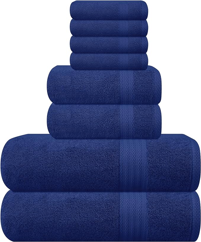 GLAMBURG Ultra Soft 8-Piece Towel Set - 100% Pure Ringspun Cotton, Contains 2 Oversized Bath Towels 27x54, 2 Hand Towels 16x28, 4 Wash Cloths 13x13 - Ideal for Everyday use, Hotel & Spa - Navy Blue