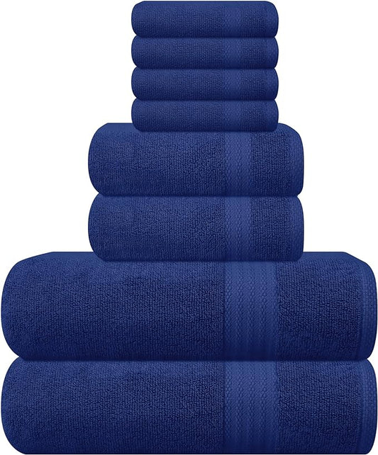 GLAMBURG Ultra Soft 8-Piece Towel Set - 100% Pure Ringspun Cotton, Contains 2 Oversized Bath Towels 27x54, 2 Hand Towels 16x28, 4 Wash Cloths 13x13 - Ideal for Everyday use, Hotel & Spa - Navy Blue