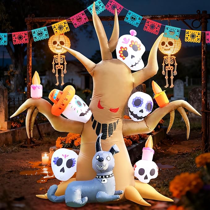 DomKom Tree Halloween Inflatable Blow Up Decorations, Dia de Los Muertos 8FT Day of The Dead Spooky Tree with Catrina Skull and Hairless Dog, Built-in LEDs for Holiday, Garden Lawn Yard Patio Décor