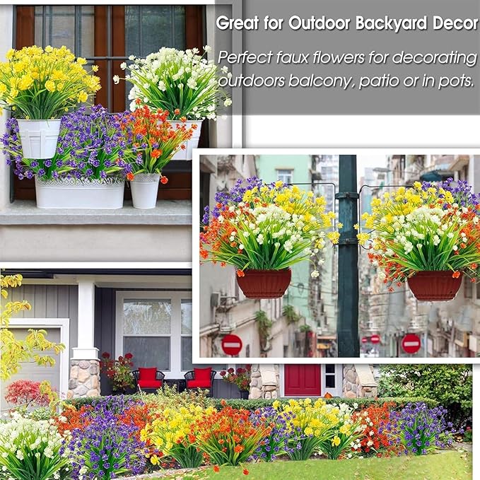 TURNMEON 20 Bundles Artificial Flowers for Outdoors Fake Plants Summer Decor, UV Resistant Artificial Plants Cemetery Fake Flowers Faux Plastic Greenery Shrub for Home Porch Decor 580 Heads(White)