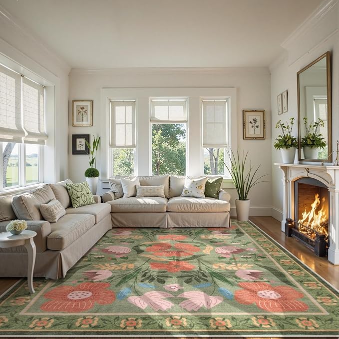 Beeiva 8x10 Washable Rug, Soft Floral Green Rugs for Living Room Indoor, Large Soft Low Pile Flower Carpet for Playroom Kids Dining Room Clasroom Dorm Décor (Green,8'x10')