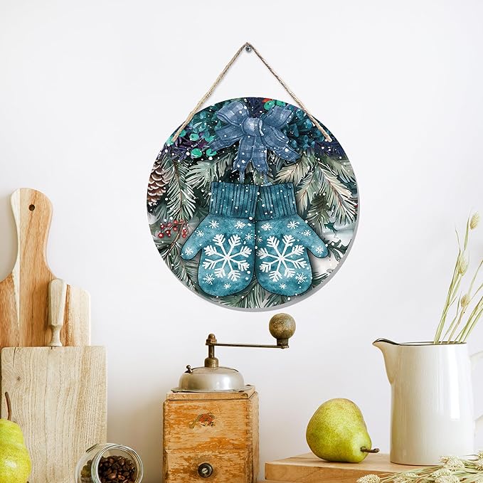 Navy Blue Winter Christmas Wooden Sign, Winter Snowflake Gloves Blue Plaid Bow Decoration Hanging Sign Wall Decor, Farmhouse Seasonal Holidays Wooden Signs for Home Door Decor 12 x 12 Inch