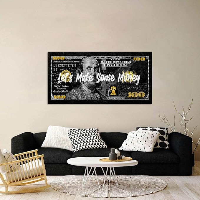 Large Size Money Canvas Art Obsidian Franklin 100 Dollar Art Print with Motivational Positive Quotes Verbs let's Make Some Money Office Home Wall Decor Framed Easy to Hang-48 inch x 24 inch