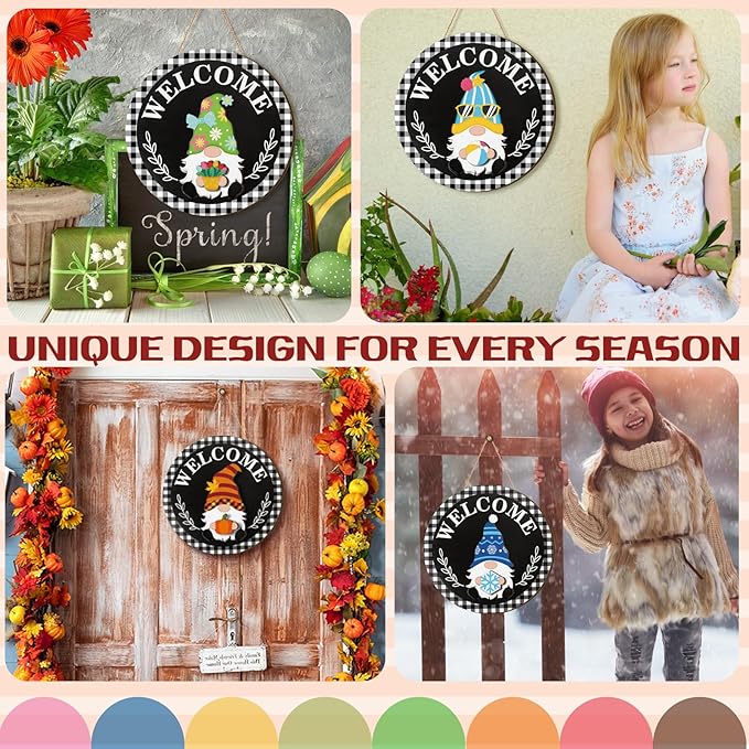 Qunclay Interchangeable Wooden Gnome Decor Holiday Seasonal Gnome Decorations with Magnet Pieces and Detachable Hats Changeable Welcome Sign for Home(Trendy Style)