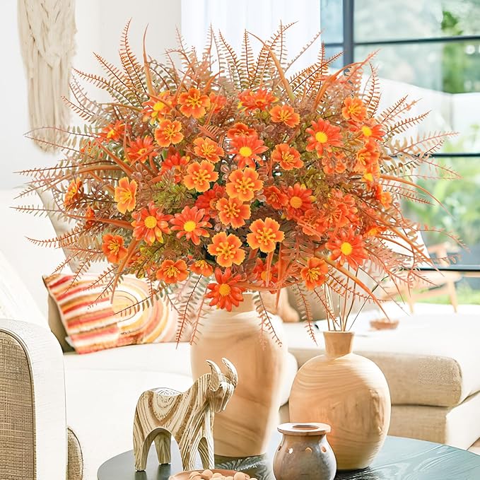 16 Pcs Fake Fall Flowers Outdoor Fall Artificial Flower Arrangements Faux Fall Outdoor Plants Decorations for Home Porch Pathway Window Box Mantel Harvest Thanksgiving