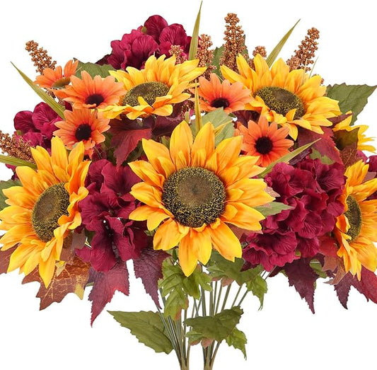 HUAESIN 2PCS Artificial Flowers Fall Decor Silk Flowers Bouquet Fake Sunflowers Daisy with Hydrangea Berries Silk Autumn Floral Arrangements Indoor for Home Wedding Thanksgiving Decoration Outdoor