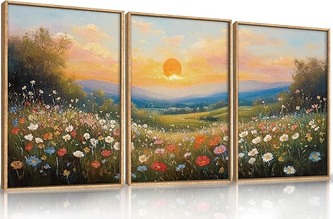 HOURIA Boho Sunrise Wildflower Framed Canvas Wall Art Set,Watercolour Nature Inspired Landscape Wall Decor,Colorful Floral Scenery Artwork,Modern Art Prints for Living Room,Bedroom,Farmhouse-24"x36"x3