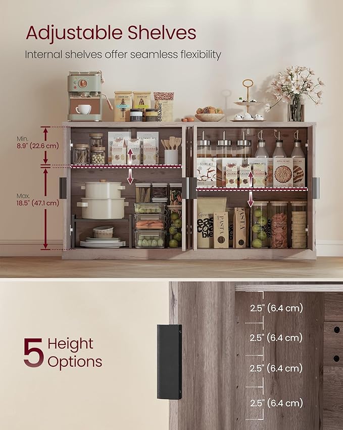 VASAGLE MAXE Collection - Transitional Buffet Cabinet, Console Cabinet, Sideboard with Adjustable Shelves, Fluted Doors, Buffet Table, Kitchen Pantry, Washed Gray UBBK382G01S