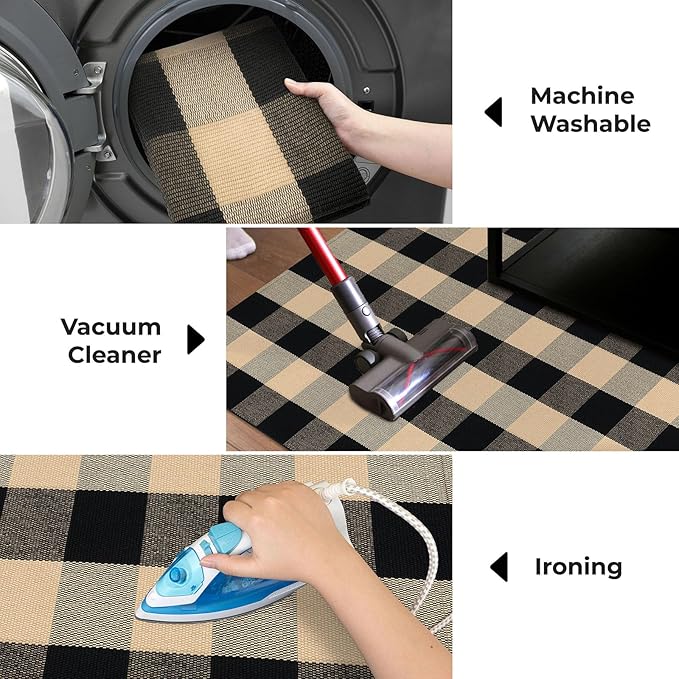 KOZYFLY Buffalo Plaid Area Rugs 2x3 Ft Brown and Black Checkered Rugs Washable Front Door Mat Hand Woven Cotton Outdoor Small Rug for Front Porch Kitchen Entryway Patio Bathroom
