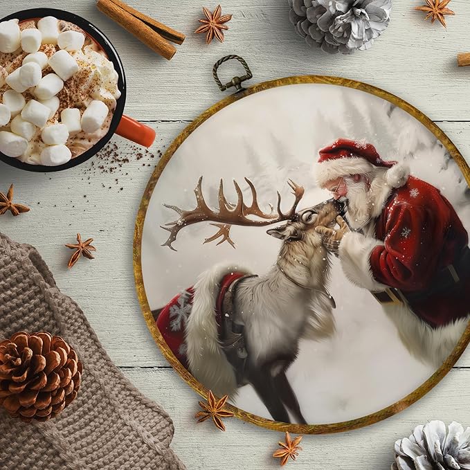 CUANFDDSF Christmas Santa Reindeer Round Wall Art Decor, Rustic Winter Reindeer Santa Claus Holiday Wall Hanging Frame Decor, Winter Christmas Canvas Prints Decorations for Home Bedroom, 10x10 Inch