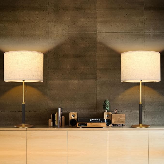 26.4" Set of 2 Modern Living Room Table Lamp for End Tables Bedside Lamps for Bedroom 3-Color Temperatures Pull Chain Switch Lamp Wood Fabric for Home/Office/Desk Decor (Light Brown+Brass)