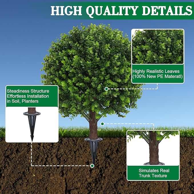 Set of 2 Artificial Boxwood Topiary Ball Bush for Outdoor with Ground Spike 22", UV Resistant Faux Greenery Shrubs, Fake Green Boxwood Plants for Indoor, Garden, Yard, Porch, Patio Decor