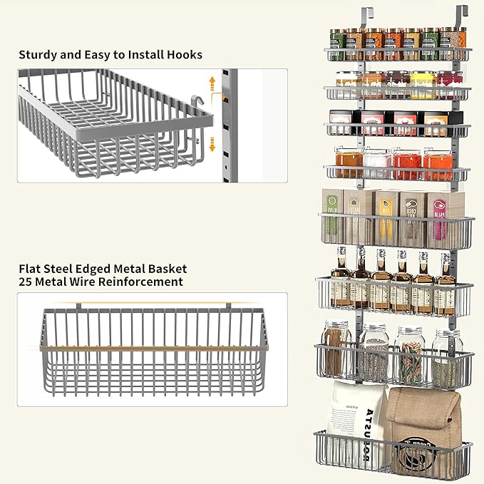 Moforoco Grey Over The Door Pantry Organizer, Pantry Door Organizer Shelves, Kitchen Organizers and Storage, Hanging Basket Wall Spice Rack Seasoning Shelves, Laundry Room Bathroom accessories