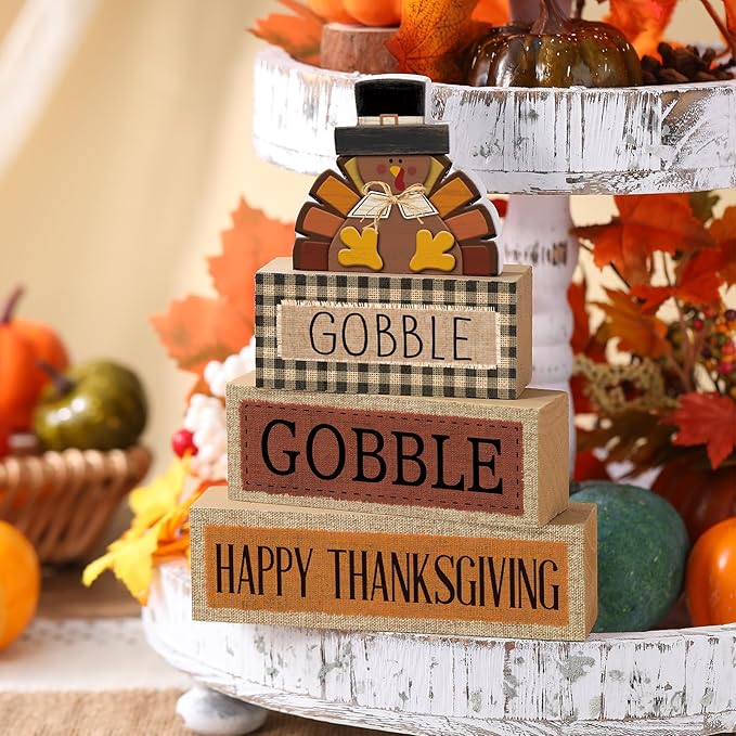 4 Pcs Fall Decorations for Home Thanksgiving Tiered Tray Decor Fall Tabletop Decor Thanksgiving Centerpiece Rustic Wood Turkey Block Sign for Autumn Table Mantel Decorations