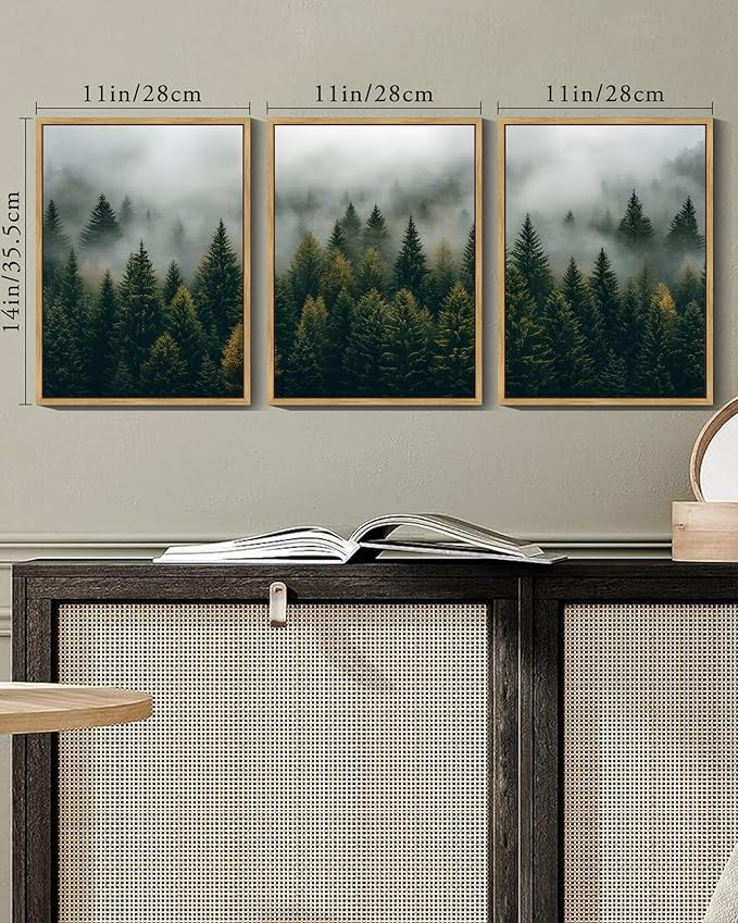 KUVIOKE Green Fog Pine Tree Landscape Framed Wall Art Nature Nordic Misty Forests Prints Morden Farmhouse Bedroom Living Room Ready to Hang 11x14in (Natural Framed)