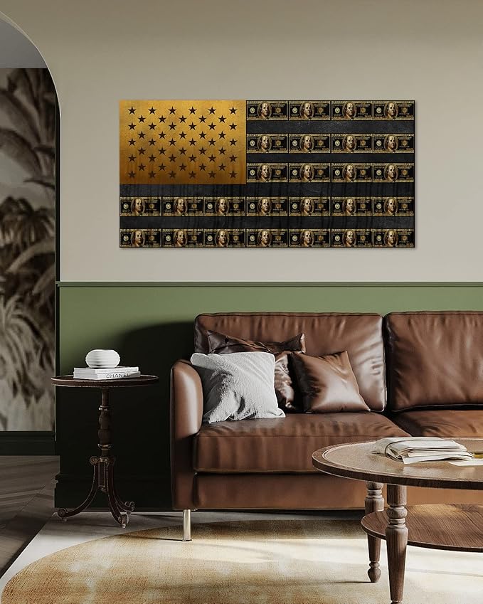 Abstract Dollars Creative USA Flag Wall Art Golden Vintage Bill American Flag Creative Inspirational Framed Posters Prints Paintings Artwork for Home Walls Guest Roomm Study Room Gym Decor-40"Wx20"H