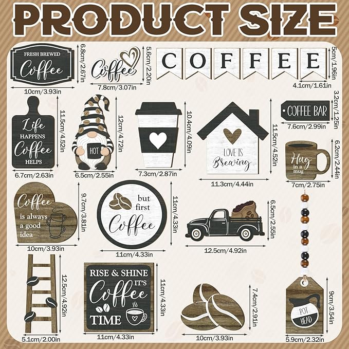 Yaomiao 21 Pcs Coffee Tiered Tray Decor Set Wooden Coffee Bar Decor Rustic Farmhouse Bar Decorations Wooden Table Sign Ornament for Table Kitchen Station Tray Shelf