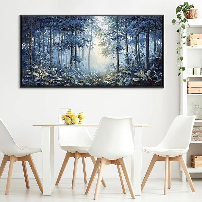 Forest Canvas Wall Art for Living Room - Navy Blue Bedroom Wall Art, Landscape Pictures Wall Decor, Forest Painting, Framed Nature Tree Artwork Walls 29×58IN