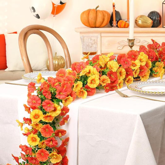 Dremisland Fall Artificial Flowers Garland 2Pcs 5.9Ft Artificial Fall Morning Glory Flower Vines UV Resistant Orange Yellow Hanging Autumn Floral Vines for Home Garden Wedding Party Thanksgiving Decor