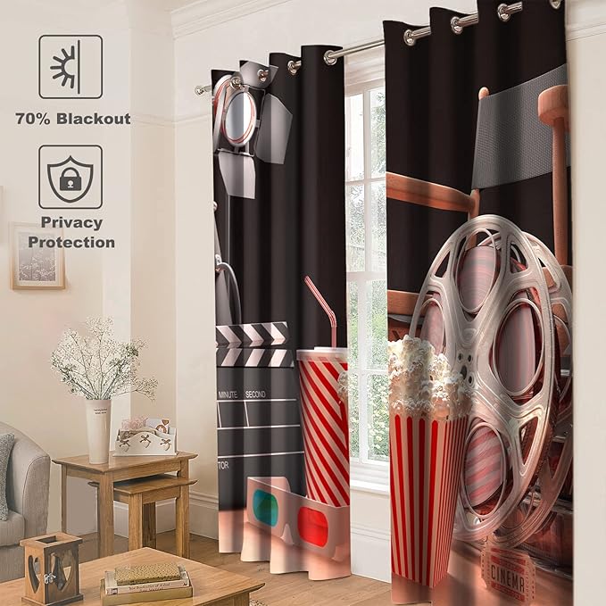 Jekeno Movie Theater Blackout Curtains Movie Theater Theme Print Home Bedroom Living Room Decor Sunlight Blocking Grommet Window Drapes 2 Panel Set, 52"x84"