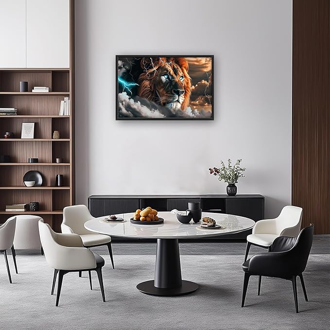 Abstract Lion Large Framed Wall Art Cool Lion Lightning Pictures Oversized Rustic Wild Animal Wall Decor Canvas Print Painting Aesthetic Modern Artwork for Living Room Bedroom Office Bathroom Home Decor 36L"x24W"