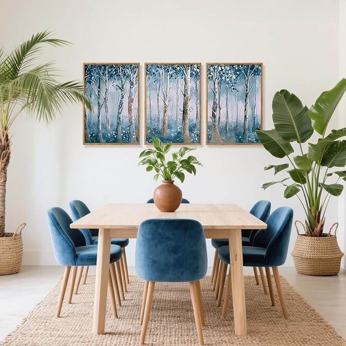 CHDITB Birch Trees Framed Canvas Wall Art Set, Blue Tree Abstract Nature Wall Decor,Blooming Birch Dreamy Forest Wall Painting, Vintage Landscape Art Prints for Living Room Bedroom Office-16 x24 x3