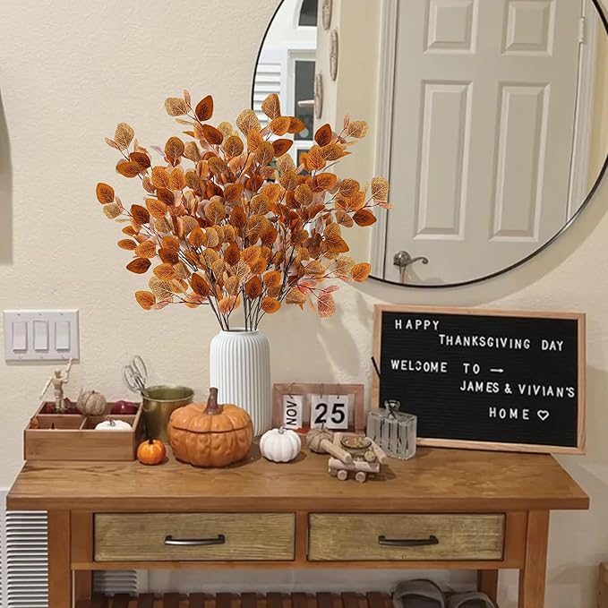 Sggvecsy 6 Pcs Fall Eucalyptus Leaves Artificial Eucalyptus Stems Long Silver Dollar Leaves Autumn Leaf Branches Fake Silk Eucalyptus for Indoor Home Autumn Thanksgiving Decor (Mixed Fall Color)