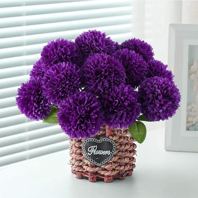 Hananona 12 Pcs Artificial Chrysanthemums Flowers Purple Flowers, Fake Mums Silk Vintage Flower for Home Decor Indoor Floral Arrangement Table Centerpiece (12, Purple)