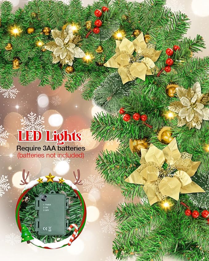Christmas Garland, 9ft Pre-lit Christmas Decorations Garland with Lights for Front Door, Artificial Green Rattan, for Xmas Tree, Mantel Stairs Home Indoor Outdoor Christmas Decor Wreath (Gold)