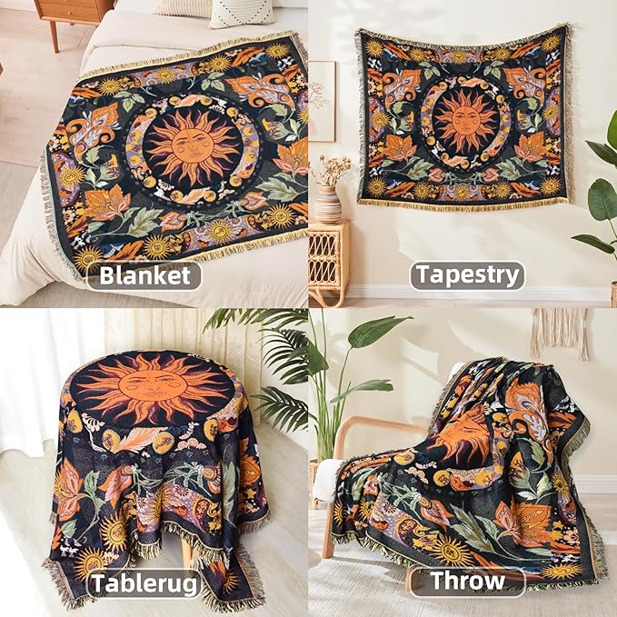 Boho Throw Blanket Reversible Cotton Bohemian Tapestry Hippie Room Decor Outdoor Blanket Double Sided (Boho Sun Black 50"x60")