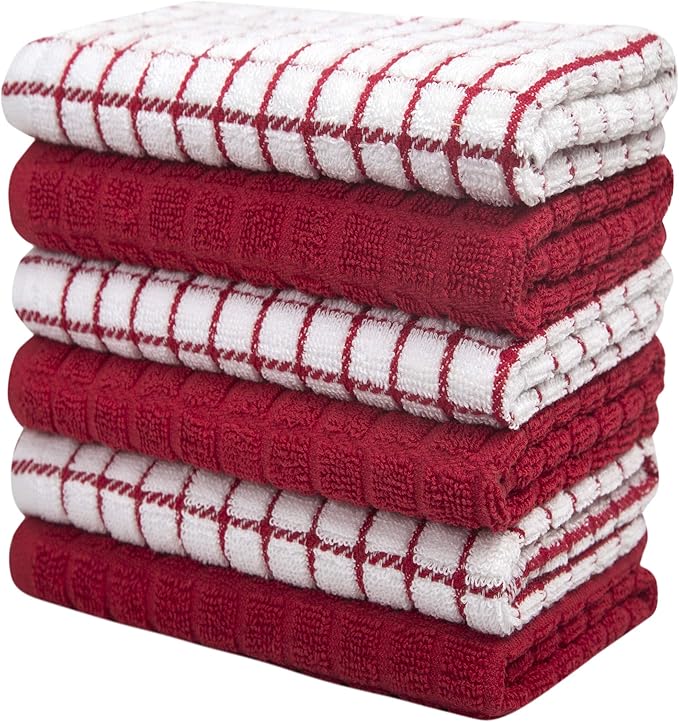 Bumble Kitchen Towels | 100% Cotton Dish Towels with Hanging Loop | 16"x 28" | 380GSM | Absorbent Kitchen Towel Set | 6 Pack, Red