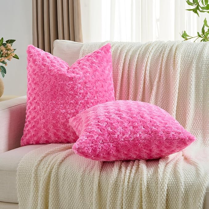FUTEI Hot Pink Decorative Throw Pillow Covers 22x22 Inch Set of 2,Soft Solid Rose Textured Cushion Case,Modern Home Decor for Couch Sofa Bed Living Room