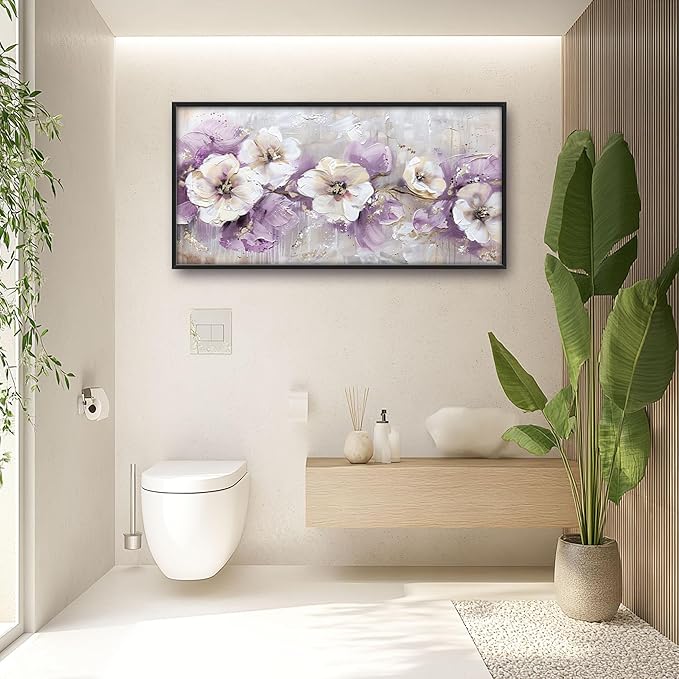 Large Wall Art for Living Room Framed, Purple Flower Wall Decor Pictures, Abstract Floral Canvas Print Painting, Aesthetic Artwork Bedroom Office Home Decor 60"x30"