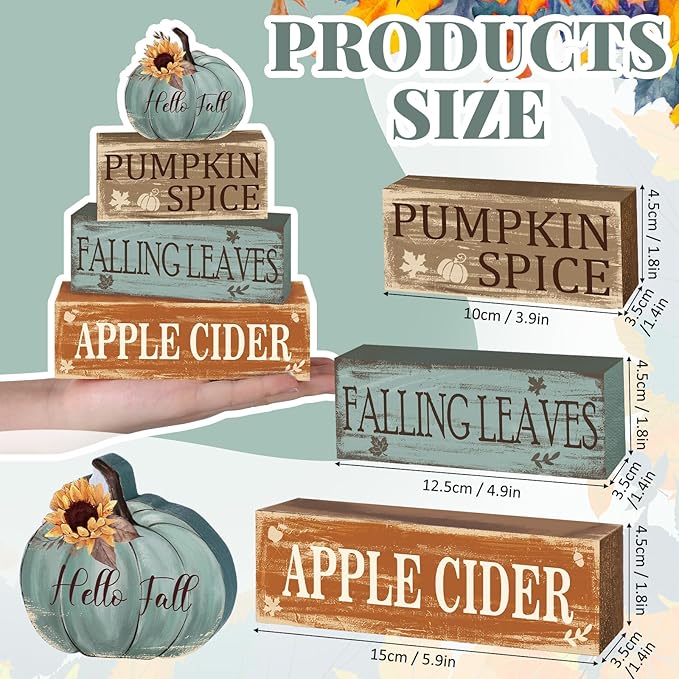 4 Pcs Fall Decor for Home Hello Fall Wooden Signs with Sunflower Autumn Thanksgiving Tiered Tray Decor Pumpkin Spice Tabletop Centerpiece Falling Leaves Block Signs for Office Kitchen Shelf