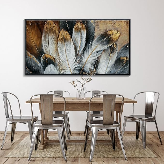 Mofutinpo Framed Wall Art Modern Living Room Bedroom Wall Decoration Large Canvas Painting Artwork for Home Decor Gold Brown Feather Picture Ready to Hang 30x60 Size Black Framed