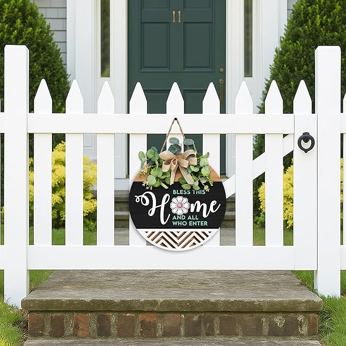 GOSSBY Interchangeable Welcome Sign for Front Door - BLESS THIS HOME - Seasonal Rustic Wood Wreath - Hanging Wall Sign Decoration for Outside, Porch, Farmhouse - New Home, Housewarming Gift