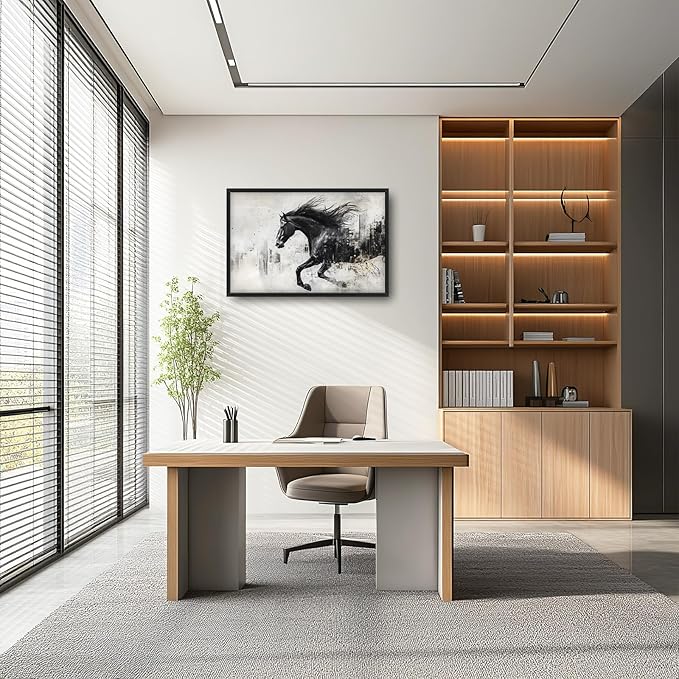 Framed Large Wall Art for Living Room, Black Running Horse Canvas Wall Decor, Large City Picture Framed Painting, Abstract Modern Artwork for Bedroom Office 36L'' × 24W''