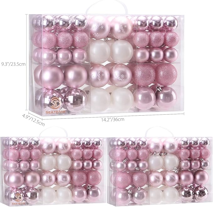 Sea Team 86-Pack Shatterproof Pink Christmas Ball Ornaments Set, Assorted Multi-Sized Hanging Baubles, Xmas Tree Decorations, Seasonal Décor for Holiday Wreath Garland, Hooks Included