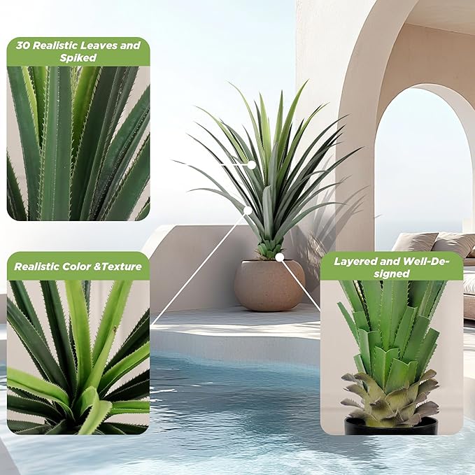 4ft Artificial Spiked Agave Plant with 30 Leaves Set of 2 Faux Agave Plants for Indoor and Outdoor Decor Perfect for Porch Living Room Bedroom Patio and Office