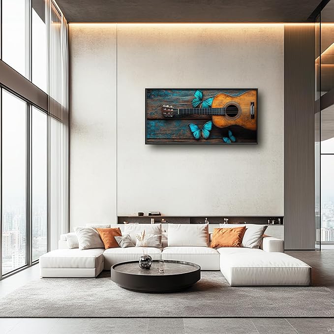 Olivine Music Wall Art, Guitar Pictures Wall Decor, Butterfly Painting, Vintage Musical Instruments Canvas Prints, Framed Artwork for Bathroom Bedroom Living Room Office Home Decoration 60"x30"