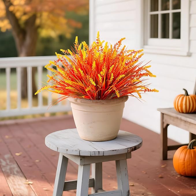 Artificial Fall Outdoor Faux Plants Decoration, 12 Bundles Fake Monkey Grass for Autumn Indoor Decor, Fall Lavender Flower Shrubs UV Resistant Bush Planter No Fade for Garden Porch Balcony(Mix)