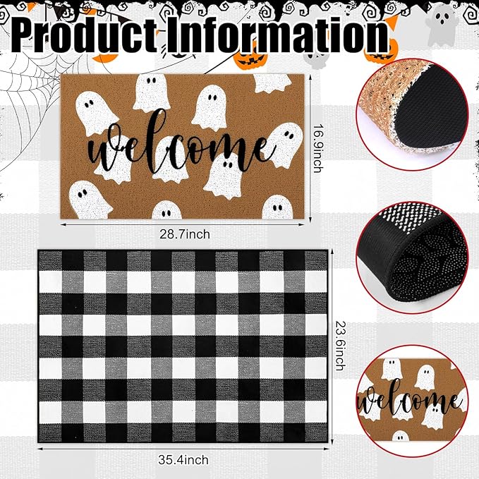 2 Pcs Halloween Door Mat White Ghost Welcome Non Slip Coir Mats Black White Buffalo Plaid Floor Layering Doormats Seasonal for Front Porch Entryway Decor(Plaid Ghost)