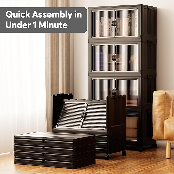 Jalove 50QT Plastic Storage Bins with lids, Stackable Collapsible Storage Containers with Wheels, Closet Organizer and Storage Drawers, Clothes Storage Cabinet for Home Office Garage, 1 Pack Black