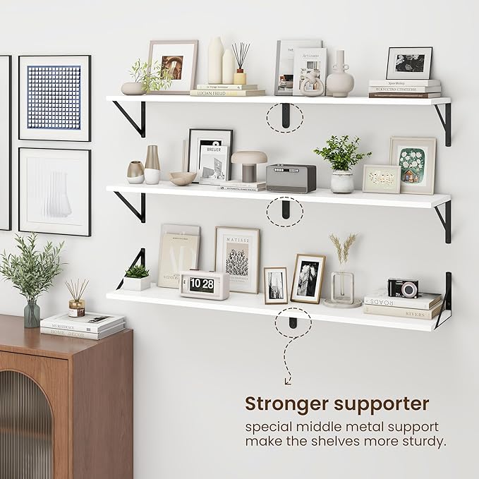 Fun Memories Deep Floating Shelves for Wall, 48W x 8D Wall Mounted Shelves Set of 2, Wide Display Ledge Shelf with Sturdy Metal Brackets for Living Room, Bathroom, Bedroom and Kitchen, White