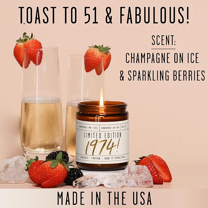 51st Birthday Gifts for Women - 'Limited Edition 1974' Soy Candle, w/Champagne on Ice I 51 Birthday Gifts for Women I 51st Gift for Her Ideas I 9oz Reusable Jar, 50Hr Burn, Made in USA