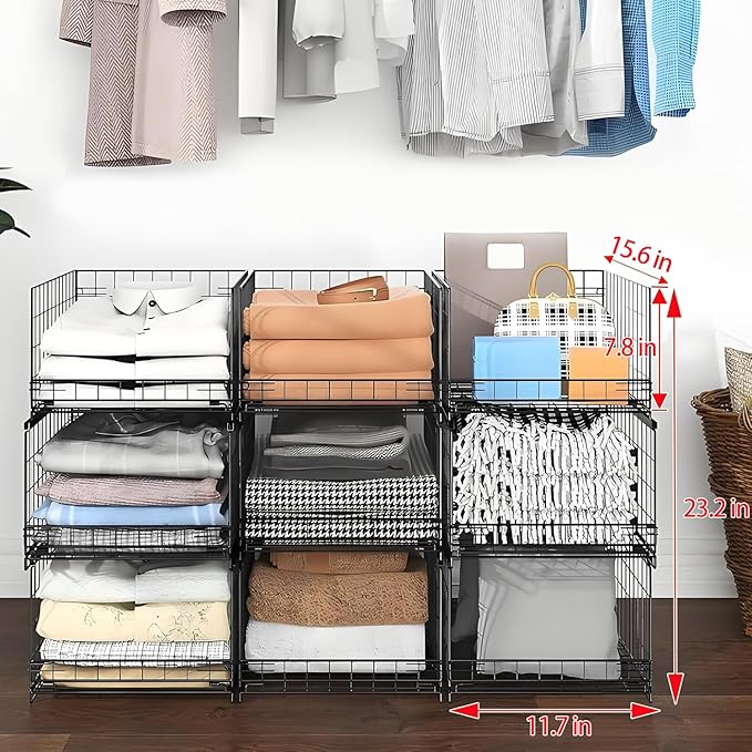 JKsmart 3-Tier Stackable Closet Organizers and Drawer Storage Shelves - Sliding Storage Bins for Jeans, Pants, and Sweaters - Wardrobe Cupboard Organizer for Closet Organization-Black